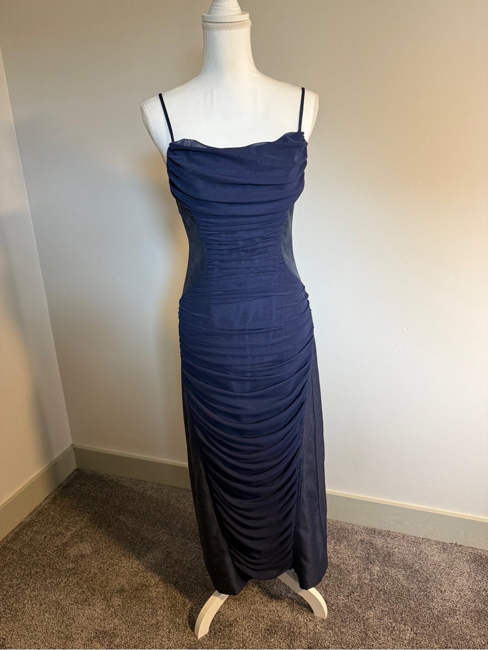 Urban Revivo Edit Navy Blue Mesh Ruched Maxi Dress Size 6 Like New